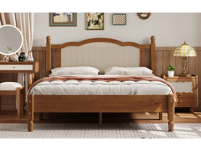 Grand lit plateforme en bois avec tête de lit en rotin naturel, cadre de lit rétro avec support en lattes de bois, noyer