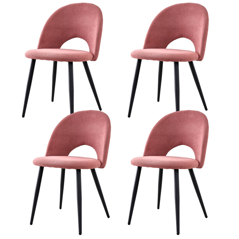 Set Of 4 Chairs - Modern Minimalist Horseshoe Velvet Dining Chair - Upholstered Hollow Back Chair - Black Metal Legs, Pink