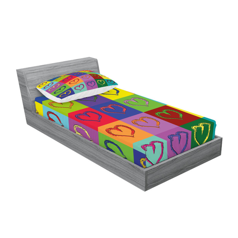 Multicolore drap-housse et coussin décoratif Ambesonne, Ensemble de draps pour lit simple + 3 pièces supp