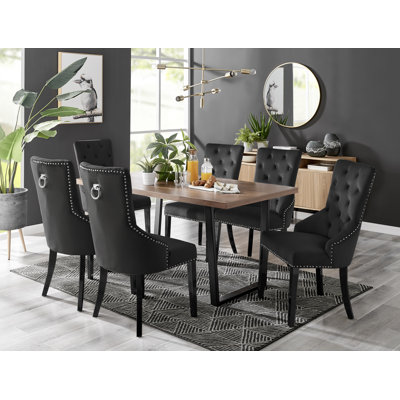 Modern Marble Effect And Silver Dining Table Set With 6 Luxury Button Velvet Dining Chairs