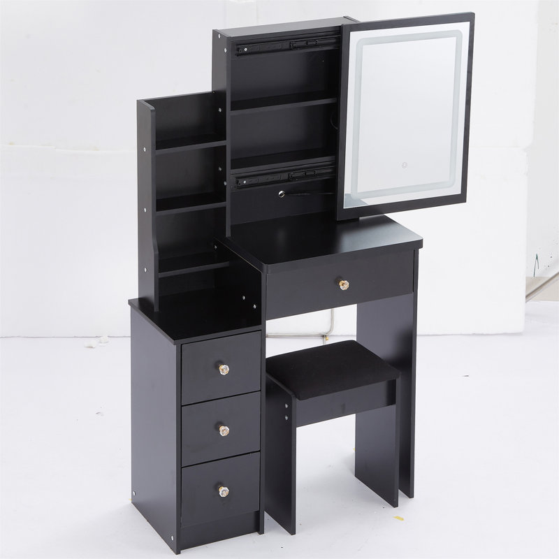 29.2" Small Size Left Bedside Cabinet Vanity Table + Cushioned Stool, Large Sliding, Touch Control, Tri-Colour Switching, Brightness Adjust LED Mirror, High Capacity Storage, Suitable For Small Space