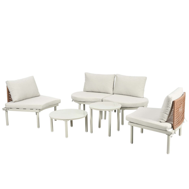 Ensemble de canapé de patio 6 pièces 6 pièces avec 2 tables basses, 4 coussins et coussins, Coussin beige / structure blanche