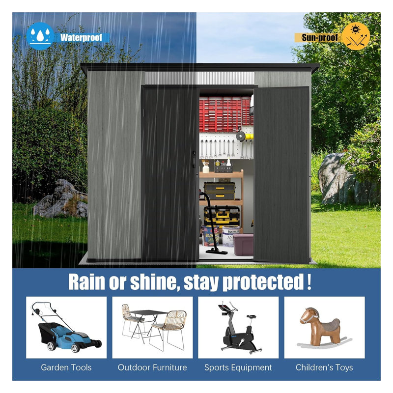 6x8 FT Outdoor Resin Storage Shed with Lockable Double Doors & Sloping Roof - Durable Garden Tool Shed for Backyard, Patio, and Lawn