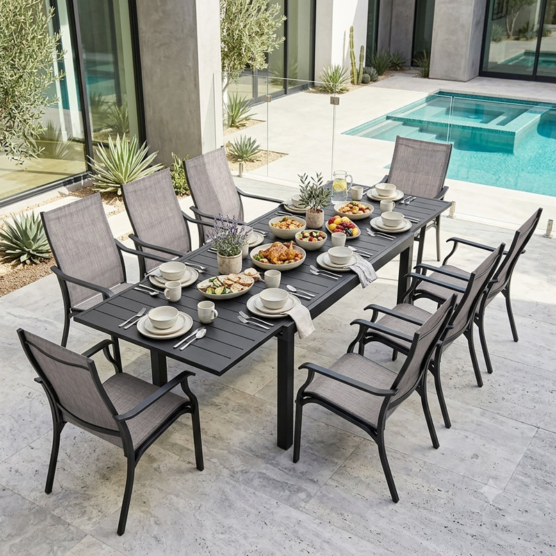 Ensemble de salle à manger d'extérieur 9 pièces en aluminium textilène, table extensible