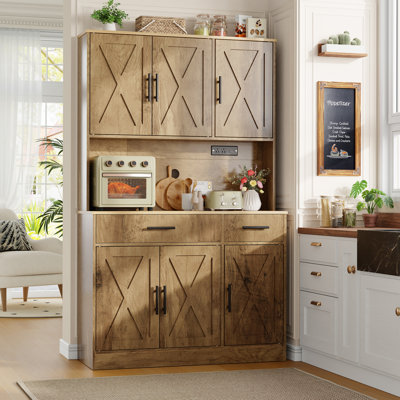70" H Kitchen Pantry Cabinet, Buffet Sideboard With Barn Doors, 2 AC & 2 USB Charging Ports, Adjustable Shelves