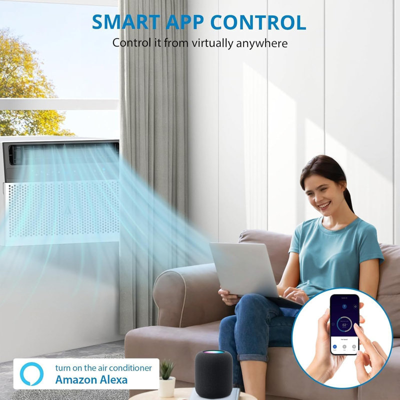 Climatiseur de fenêtre pour climatiseur de fenêtre 6000 BTU refroidissant jusqu'à 269 pieds carrés Contrôle Wi-Fi optionnel Ft 3 vitesses de ventilateur 115V / 60Hz
