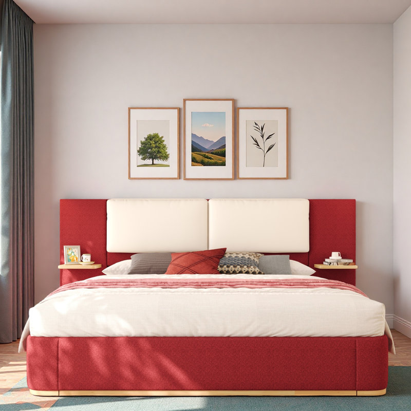 Lit plateforme tapissier avec tablettes, Rouge, Grand lit