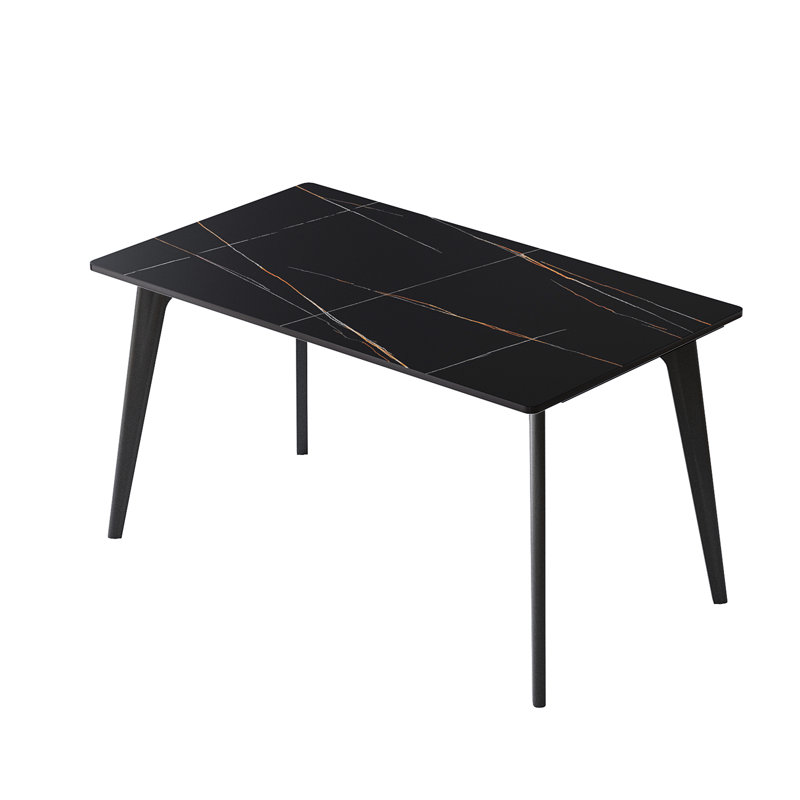 Table de salle à manger 54,77 po rectangulaire en pierre frittée, finition noire, pieds en métal, peut accueillir 6 personnes, coupe-feu, faible perméabilité à l'eau pour une teinture moderne, facile à nettoyer