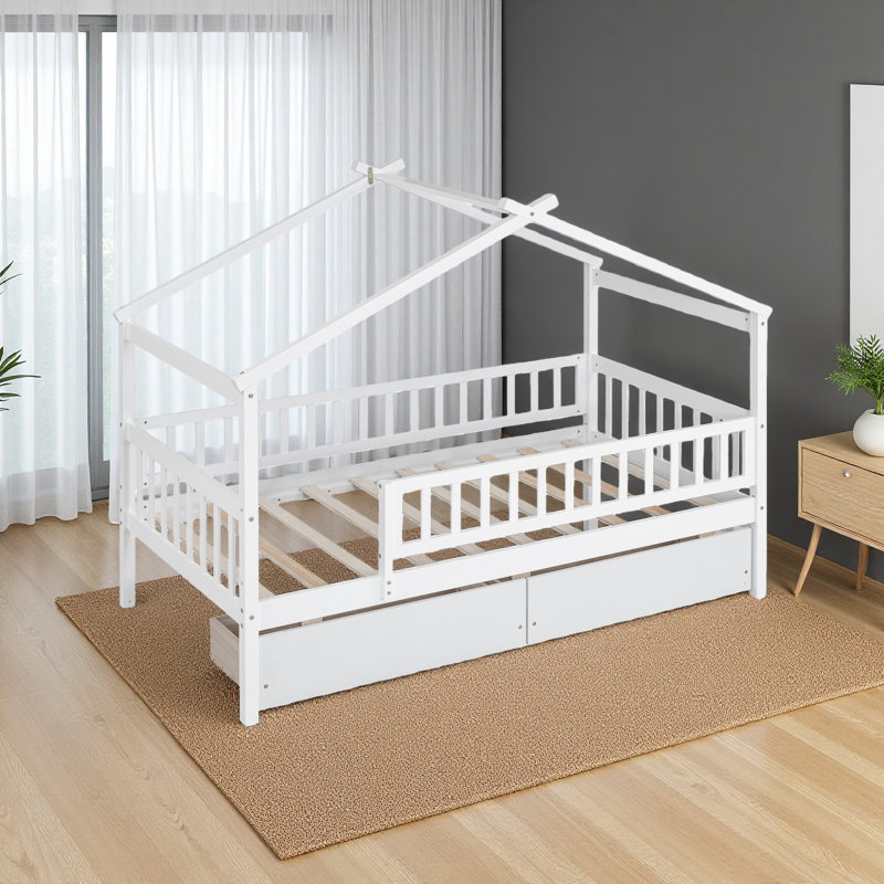 Lit simple en bois avec deux tiroirs, Blanc