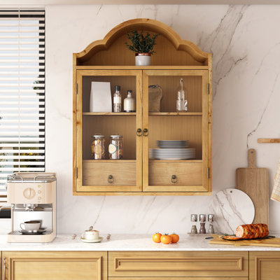 Armoire murale rétro en bois massif vieilli rustique avec plateau ondulé élégant, pour la salle à manger, la cuisine, le salon et la salle de bain