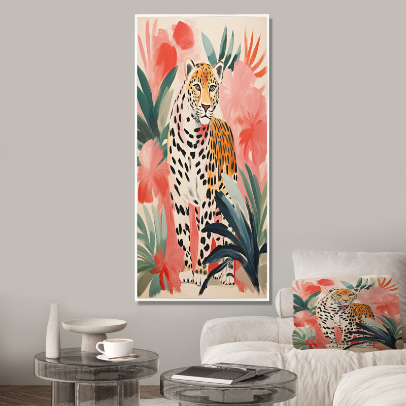 Art mural léopard vert et rose dans la jungle II - léopard / guépard, Cadre flottant blanc, H 40 po x l 30 po