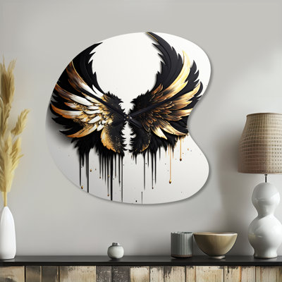 Black Silver And Gold Angel Wings III - Wings Angel Irregular Shape Metal Wall Clock, Modern Asymmetrical Wall Clock Print