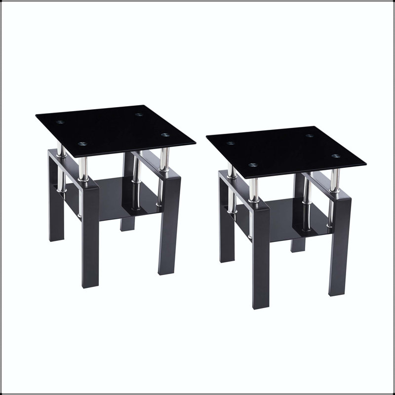 Table de canapé 2 pièces en verre noir avec pieds en métal, Plateau noir / base noire