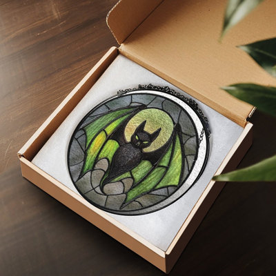 Stained Glass Style Black Bat With Green Wings Stained Glass Panels Suncatcher for Window Decor
