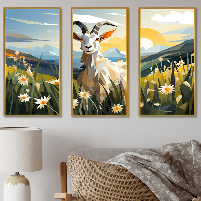 «Goat Pasture Patterns III», art mural animal de chèvre, Cadre flottant doré, H 40 po x l 60 po