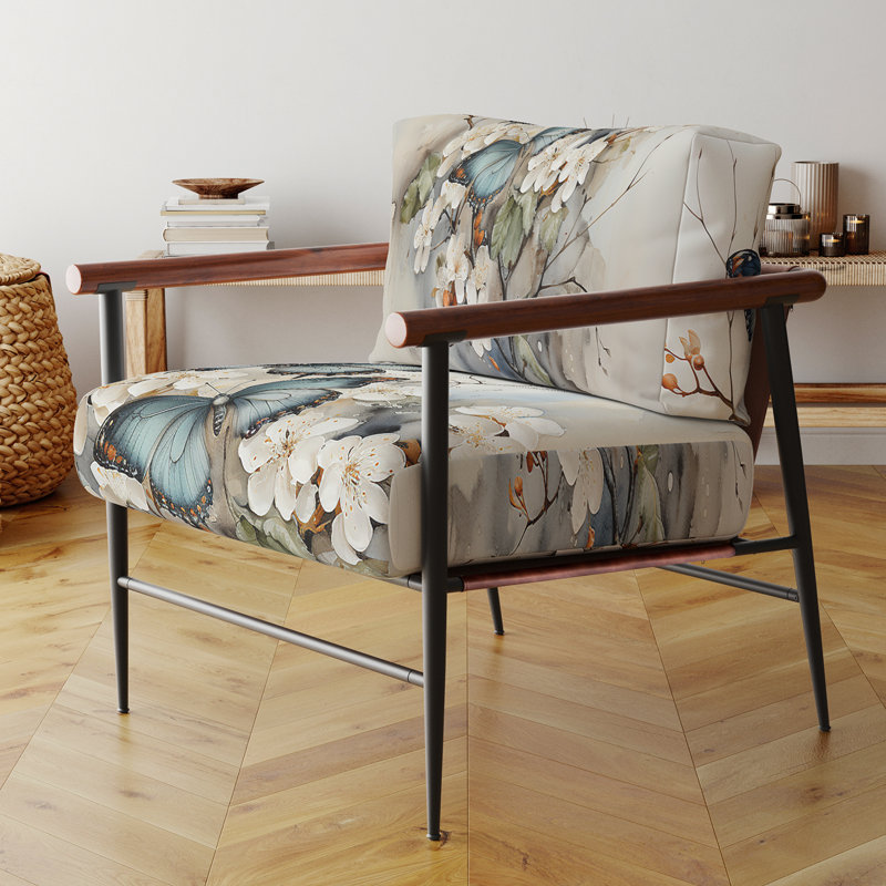 Fauteuil d'appoint rembourré en velours bleu et blanc avec papillon, Noir