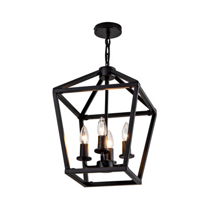 Lustre lanterne de style ferme à 4 lumières, luminaire de plafond industriel noir avec cage ajourée rustique et hauteur de suspension réglable, culot E12 pour îlot de cuisine, salle à manger, entrée, hall