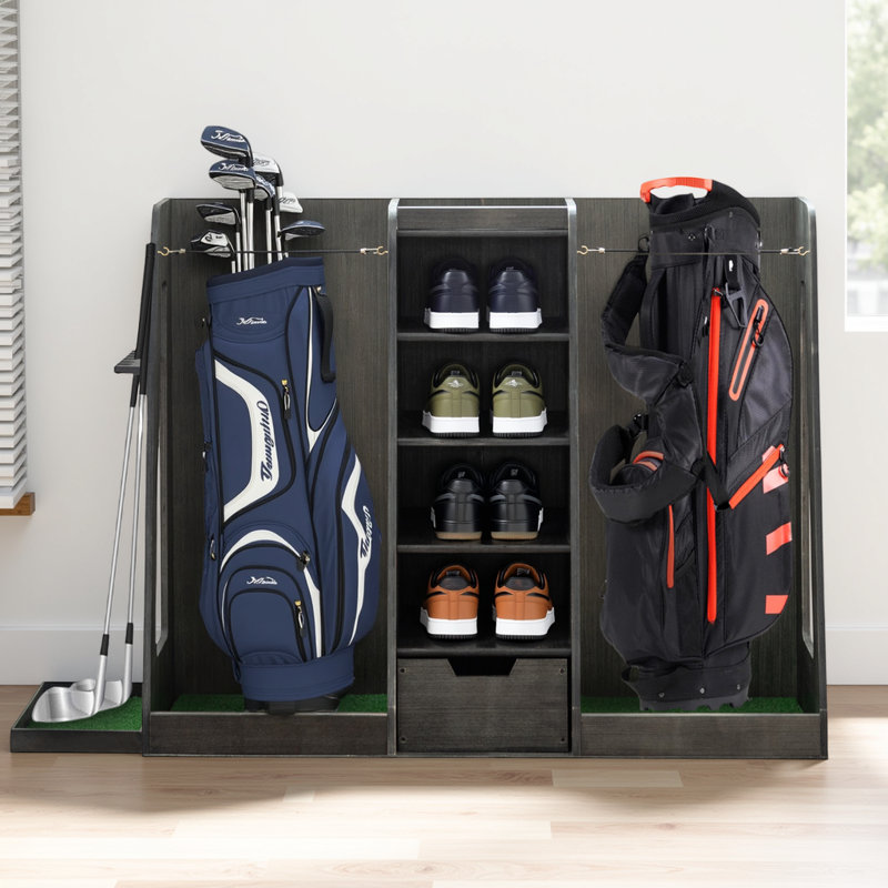 Organisateur de sac de golf en bois massif et support de rangement - 2 sacs avec tiroirs, étagère à chaussures et support de club