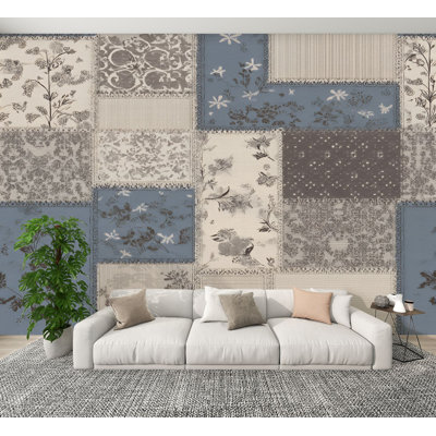 Vintage Peel and Stick Wallpaper Seamless Patchwork Blue Beige Wall Murals 100"H x 144"W Removable PVC Wall Paper Self-Adhesive Wall Decor for Bedroom Living Room Home Office
