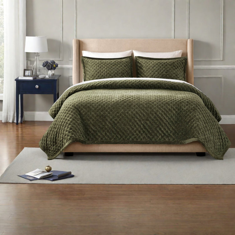 De literie en velours pour très grand lit, couvre-lit matelassé vert pour maison moderne