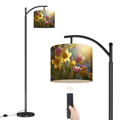  Arc Floor Lamp Vibrant Spring Garden Yellow Daffodils Pink Tulips Sunlight Tall Modern Standing Lamp LED Adjustable Linen Lampshade 3 Color Temperatures