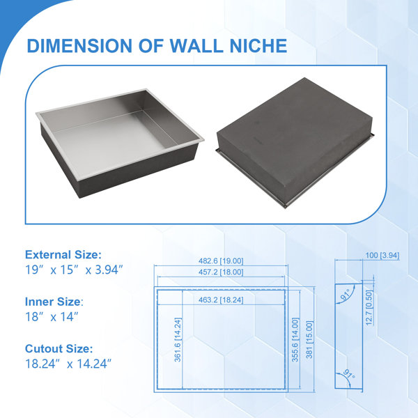 19x15 SUS304 Stainless Shower Niche Dimension Diagram