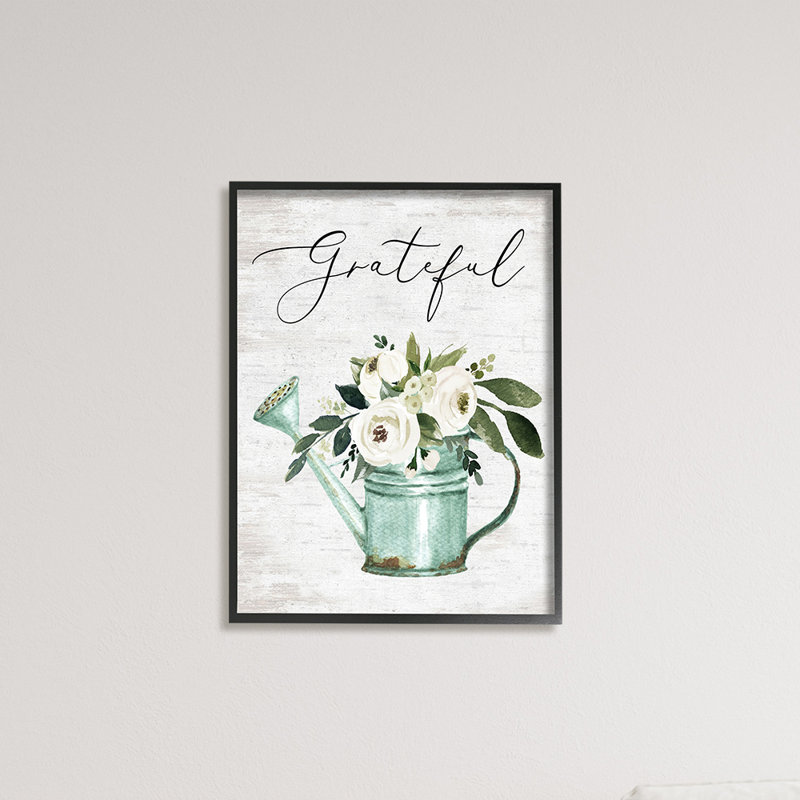 Bouquet de fleurs avec arrosoir rétro Grateful Sentiment, H 20 po x l 16 po x P 1,5 po, Giclée encadrée noir minuit