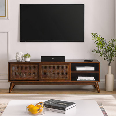 59 Inch Mid Century Modern Rattan TV Stand For 65 Inch TV, Entertainment Cabinet, Media Console For Living Room Media Room, Solid Wood Feet & Rattan C -  Dakota Fields, 2B3865A7DE124036AC9FB4ED22A2B7A4