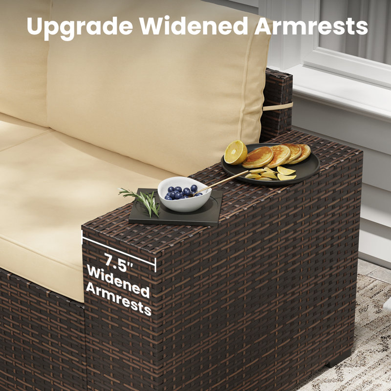 Outdoor Wicker Sectional Conversation Set With Wide Armrest, Cream