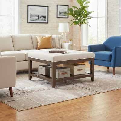 Table basse avec rangement et repose-pieds, tabouret capitonné capitonné, beige
