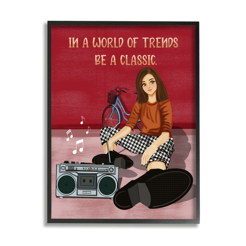 Motivation Girl with Boombox, art de la giclée encadrée par Saba Rauf, Giclée encadrée noir minuit