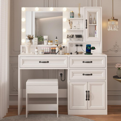 43" W Lighted Makeup Vanity With Stool, Led Mirror & 3 Light Modes,  Charging Station, 3 Drawers, Open Shelves, Glass Storage Cabinet, Wood Vanity Desk For Bedroom, Bathroom