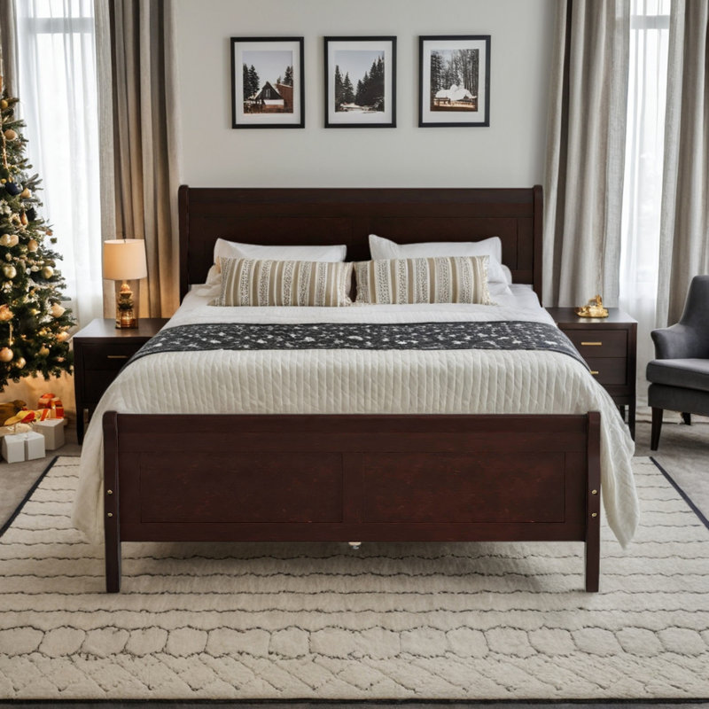 Bed Frame With Headboard And Footboard, Solid Wood Platform Bed Frame With Wooden Slat Support, Sleigh Bed For Guest, Adult