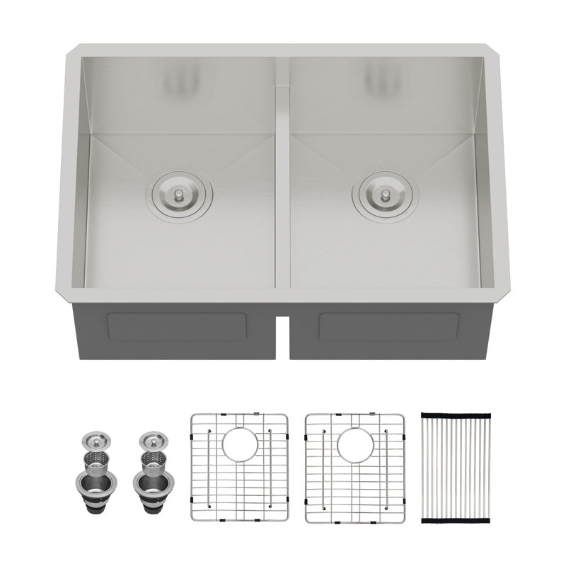 30-inch Low Divide Undermount 50/50 Double Bowl 16 Gauge Stainless Steel Kitchen Sink with Accessories