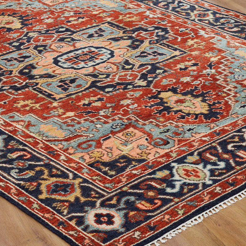 Serapi Heritage Hand-Knotted Wool Medallion Area Rug in Red, Rectangle 10' x 14', Red/Navy