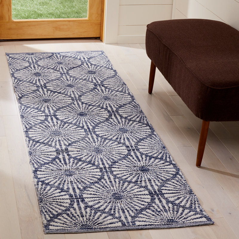 Tapis bleu marine / ivoire à motif géométrique tissé à plat à la main Oak Hill, Tapis de couloir 2 pi 3 po x 7 pi