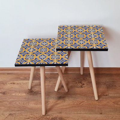 Stylish Nesting Table Set (2 Pieces), Ethnic Geometric Design, Orange, Navy Blue & White | 100% MDF with Beech Wood Legs | Bigger Table: 13.8 x 18.5 x 13.8 inches, Smaller Table: 13.8 x 16.5 x 13.8 inches | Perfect for Modern Living Rooms & Décor