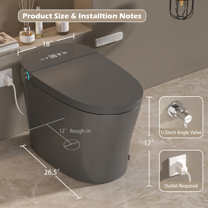 Smart Toilet with Bidet Built in, ADA One-Piece Toilet Auto Open/Close & Flush, Heated Seat, Front & Rear Wash, LED Display, Night Light, 12-inch Rough-in (Matte Grey)