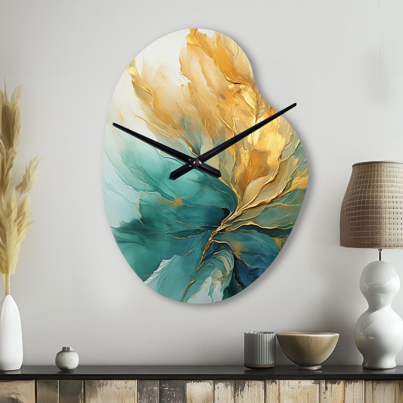 Horloge murale asymétrique en métal doré et bleu sarcelle Aurora Harmony, Petit