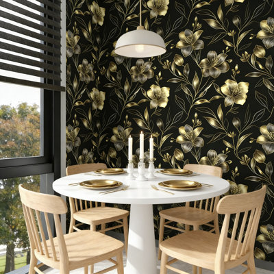 Vintage Black And Gold Floral Peel And Stick Wallpaper - Thick Waterproof Vinyl, Self-Adhesive Removable Contact Paper For Walls, Furniture, Cabinets And Tables