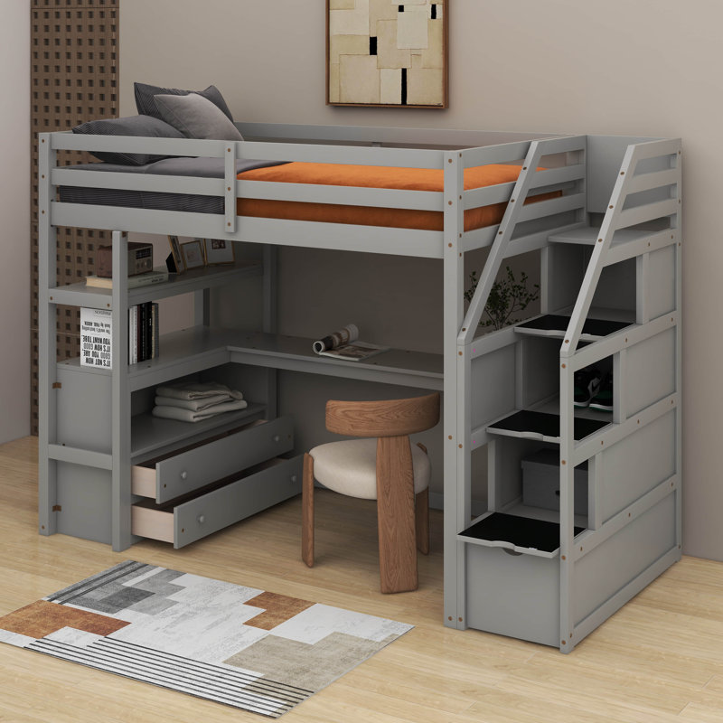 Lit mezzanine simple avec bureau et tablettes, Gris