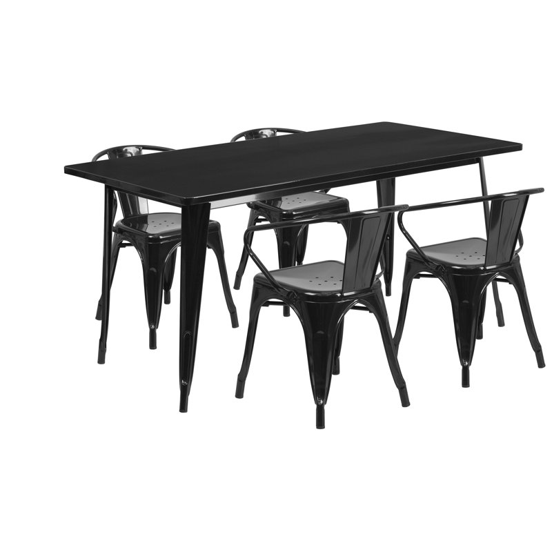 Lubron 31.5'' x 63'' Rectangular Metal Indoor-Outdoor Table Set with 4 Arm Chairs, Black, 5