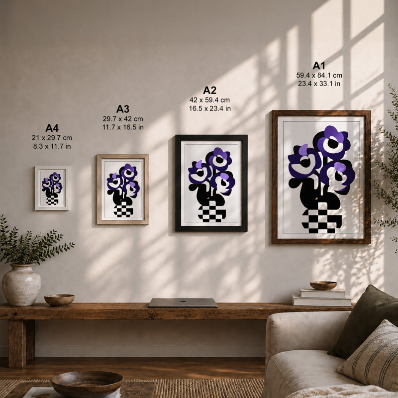 Cheerful Silhouette Blooms Mid-Century 1 Piece Single Picture Frame Wall Art, A4 - 29.7 x 21.0 cm, Oak
