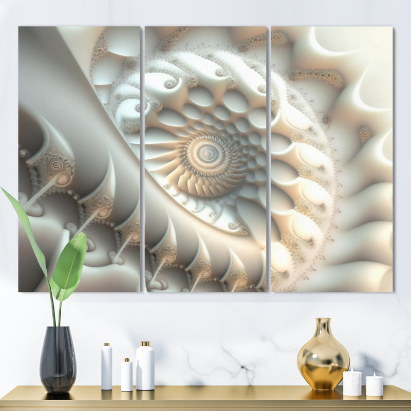«White Fractal Spiraling III», reproduction sur toile 3 pièces, H 28 po x l 36 po x P 1 po, Toile tendue