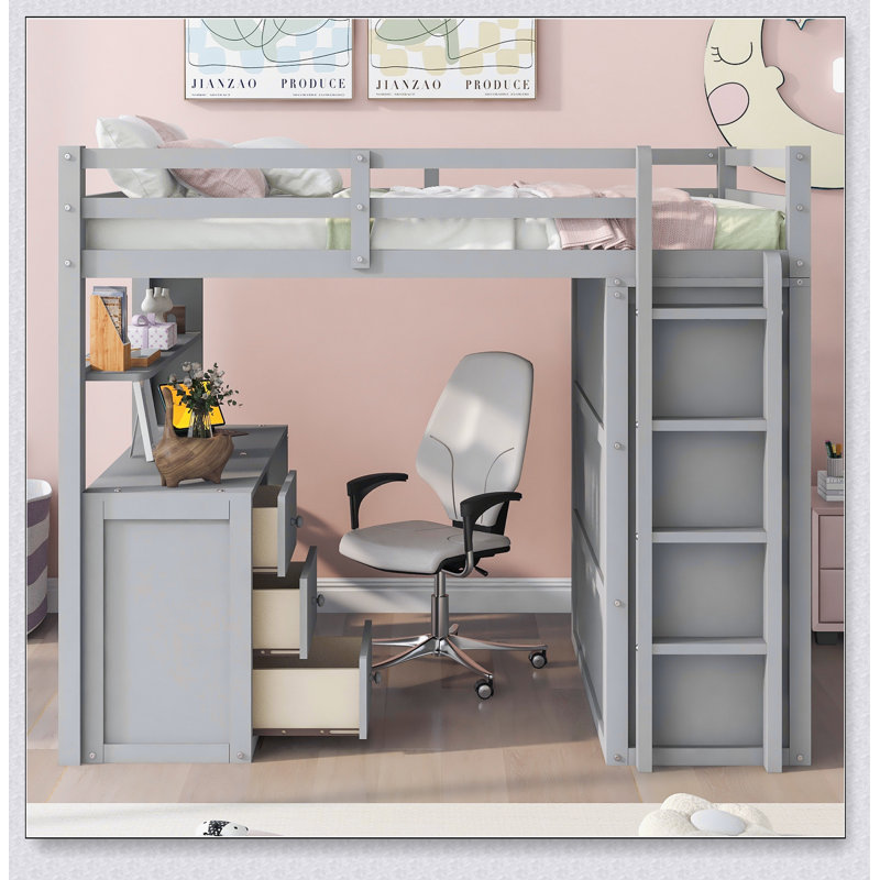 Lit mezzanine avec tiroirs, bureau et garde-robe, Gris