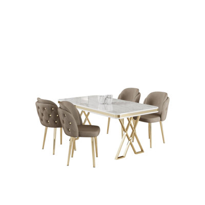 Ensemble de table et chaises de salle à manger moderne 5 pièces, blanc et or avec accents cappuccino | Panneau 100% laqué, pieds en métal, structure de chaise en contreplaqué | Table: 51,2 po x 29,1 po x 31,5 po | Chaises: 18,1 po x 32,3 po x 17,7 po | Design luxueux, assise en mousse confortable
