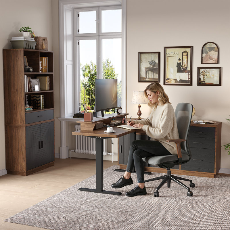 55" Standing Desk With 55'' File Cabinet, Electric Height Adjustable Standing Desk With 71'' Tall Modern Bookshelf, Home Office Furniture Set