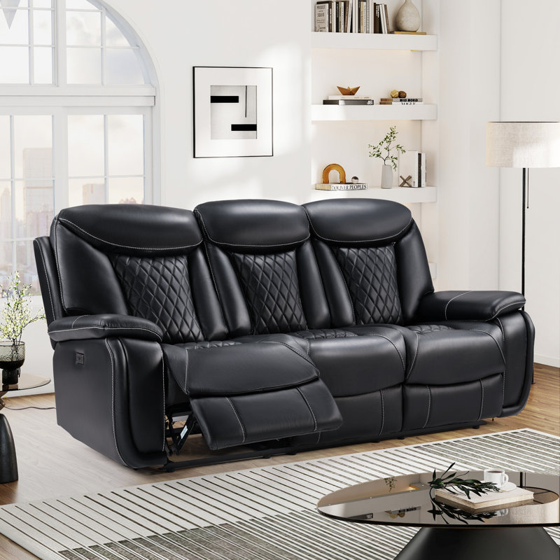 Madeira 84.6'' Wide Breathable Leather Pillow Top Arm Power Reclining Sofa with Diamond Stitching