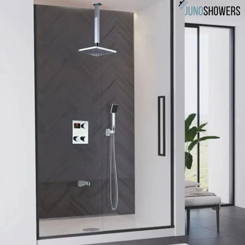Juno Ceiling Mount Square Shower Head with Mixer, Wall Mount Faucet and Handheld Shower