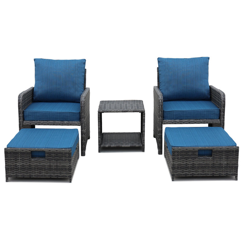 Ensemble de meubles de patio en osier 5 pièces, chaises de patio avec repose-pieds et table d'appoint, Bleu